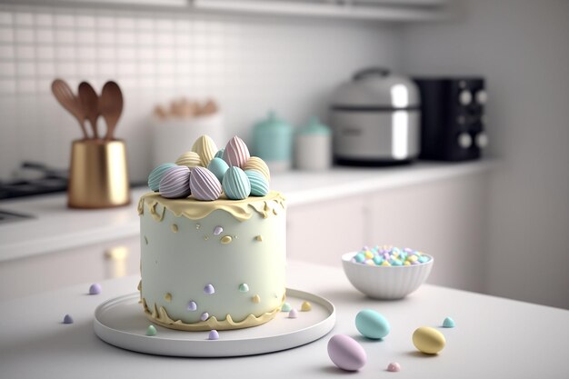 Easter cake with a pastel colored easter eggs on it Easter morning