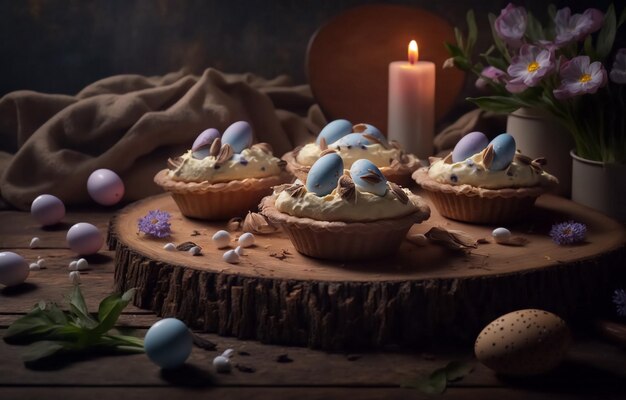 Easter cake with protein cream and colorful eggs in dark colors Stilllife