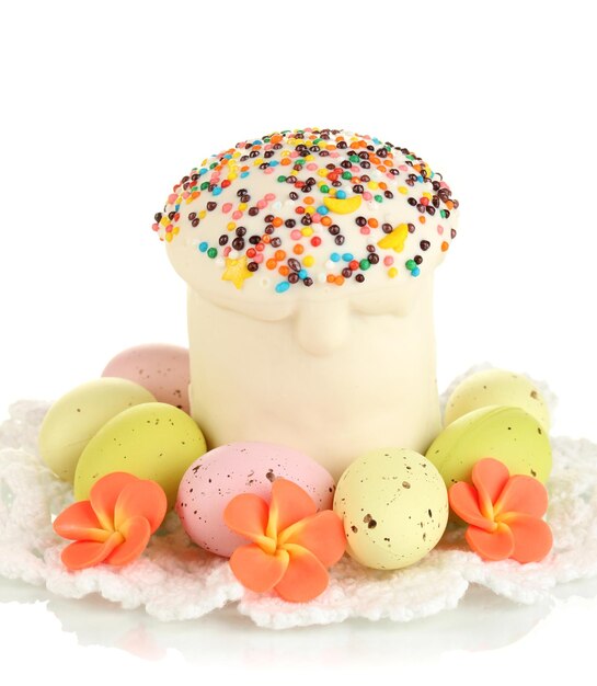 Easter cake with sugar glaze and eggs isolated on white