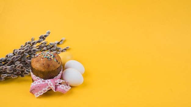 Easter cake with willow branches and eggs