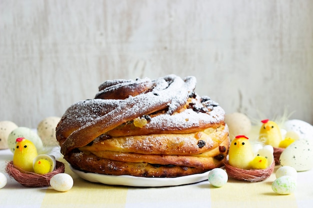 Easter cake with zest and dried fruits and easter decor