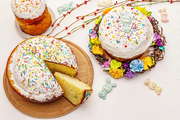 Easter cakes on white putty background. Traditional Orthodox festive bread