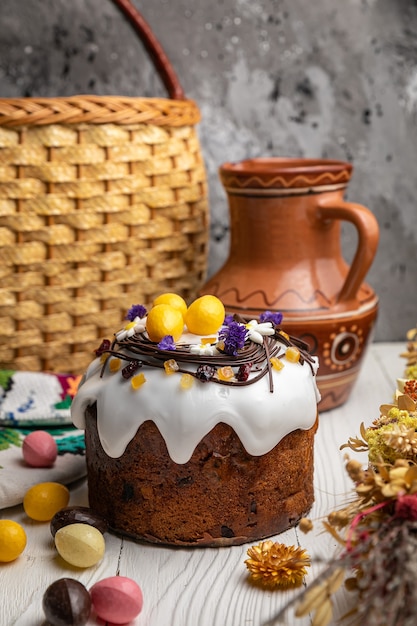 Easter cakes on a white wooden table