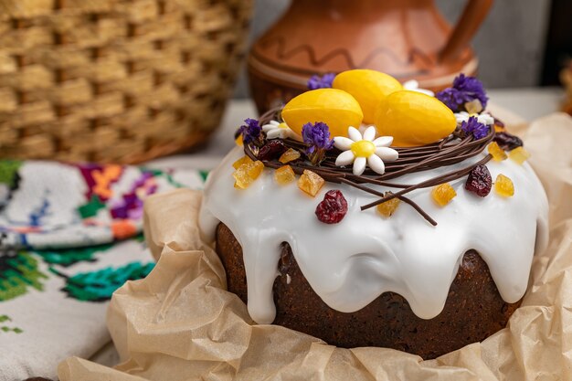 Easter cakes on a white wooden table