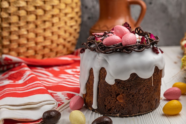 Easter cakes on a white wooden table