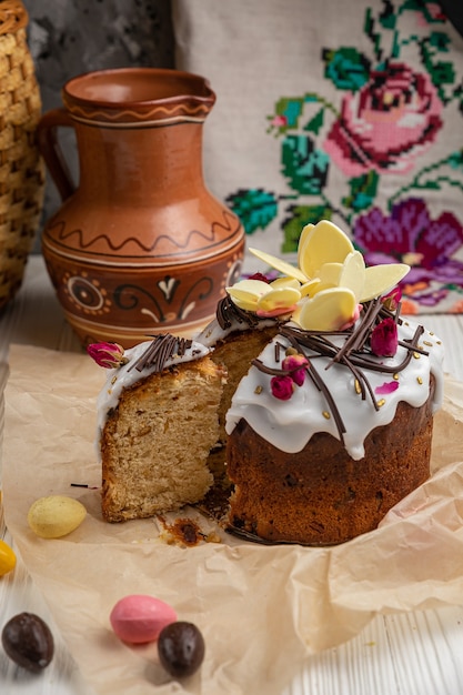 Easter cakes on a white wooden table