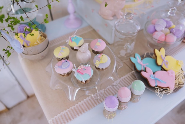 easter candy bar in pastel colors, decor for easter, spring holiday