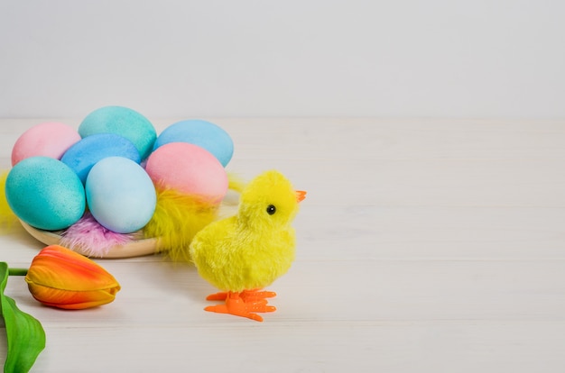 Easter card background, Toy chicken with multi-colored Easter eggs on a white wooden background with copy space.