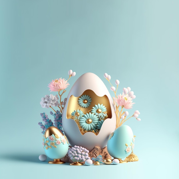 Фон пасхальной открытки с 3D пасхальными яйцами и цветами для продвижения