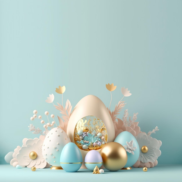 Easter Card Background with 3D Easter Eggs and Flower for Promotion