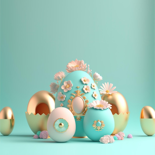 Фон пасхальной открытки с 3D пасхальными яйцами и цветком