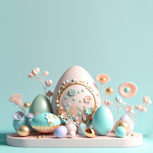 Easter Card Background with 3D Render Easter Eggs and Floral Ornament