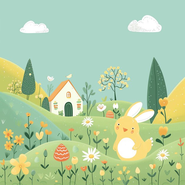 Photo easter card concept hares walk among the hills on a yellow background square frame