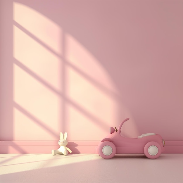 Easter card concept A white toy hare sits near a toy car against the background of a pink wall with a shadow from the window Square frame