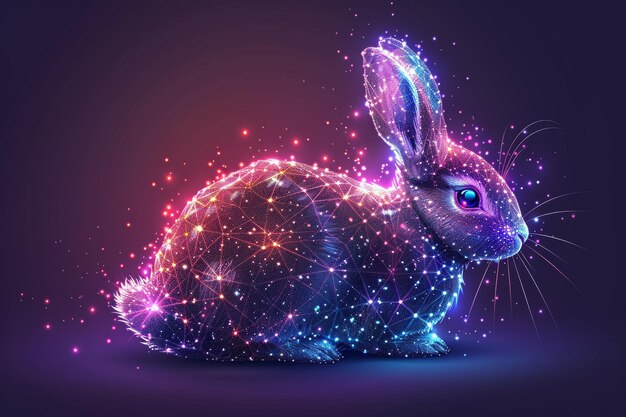 An easter card concept with bunnies and easter eggs in a digital style Futuristic modern illustration with light effects