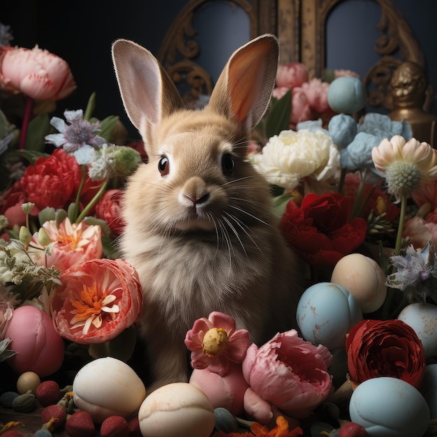 春の花を飾ったイースターカードの可愛いウサギ