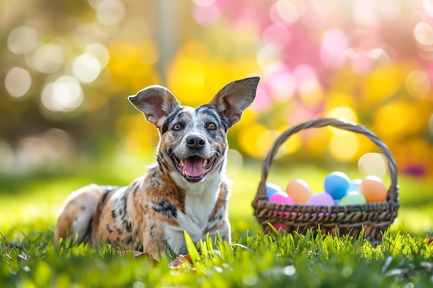 イースター カード、イースター バスケットの近くの芝生の上に横たわっているかわいい犬