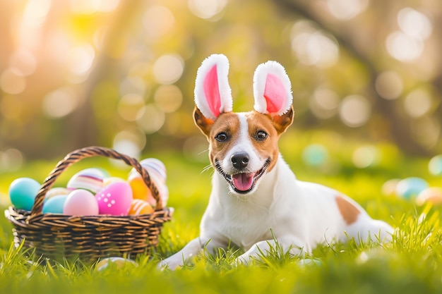 Photo easter card cute dog with bunny ears lying on the lawn near easter basket