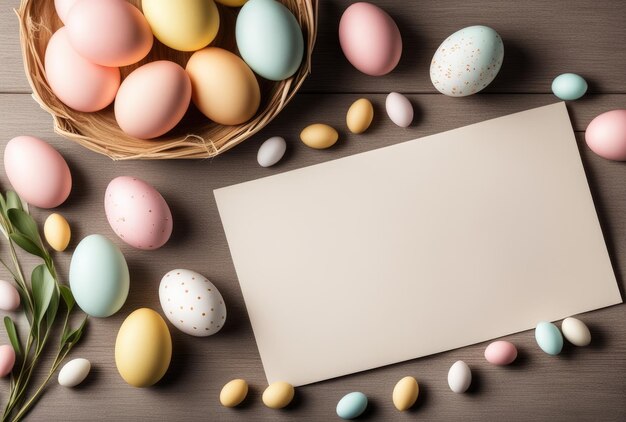 Photo easter card mockup with flowers and colorful eggs