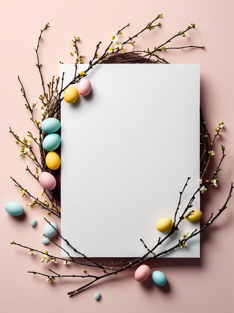 Foto modello di biglietto di pasqua cartella di pasqua minimalista con uova felicità carta di pasqua copyspace