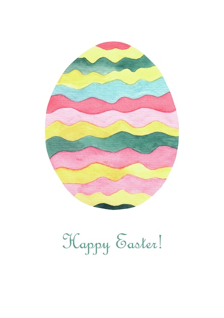 Easter card. Watercolor striped egg spring bright colors and text on white background. Decorative card