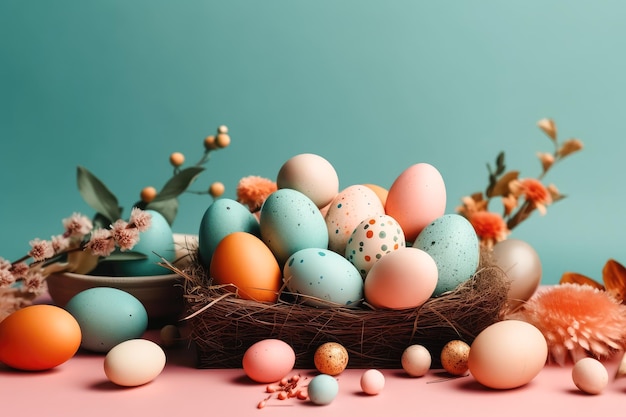 Easter card with multicolored eggs in wicker basket with flowers pastel toned on blue background