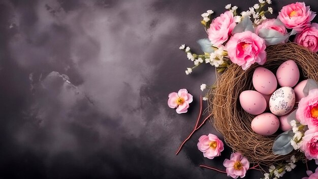 Easter card with pink eggs and spring flowers on a dark grey background top view copy space for text