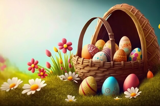 Easter celbration background with basket and colorful eggs on the grass