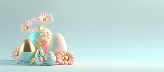 Easter celebration background banner with 3d render eggs and flowers for promotion