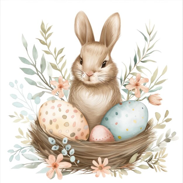 Foto celebrazione di pasqua con un coniglietto e uova sullo sfondo
