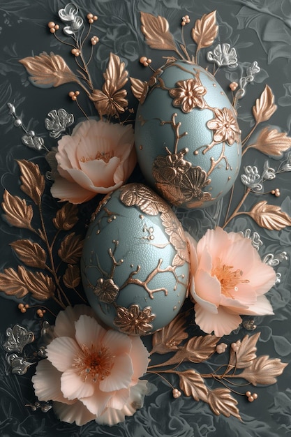 イースターの魅力 晴れた日の出 遊び心のあるウサギ 複雑な静物 パステル色の花と卵で飾られ 家族の伝統の本質を捉え 美しさを生み出す人工知能