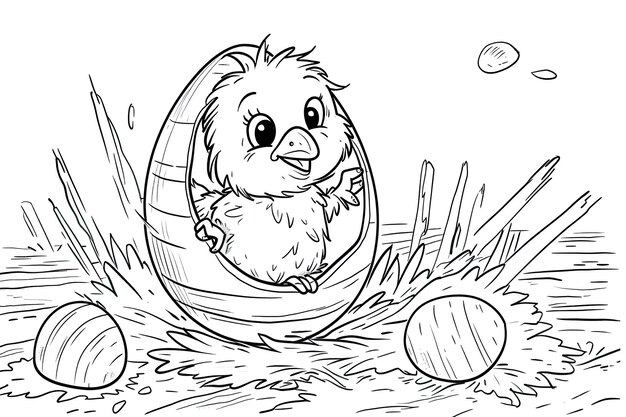 An Easter chick breaking out of an egg coloring book black and white outline cartoon