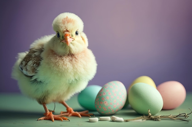 Easter chicken with colored eggs