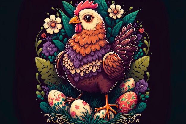 Easter chicken with easter eggs and floral design