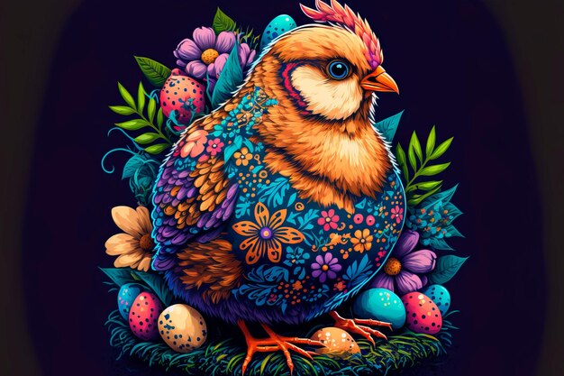 Easter Chicken with Easter Eggs and Floral DesignGenerative AI