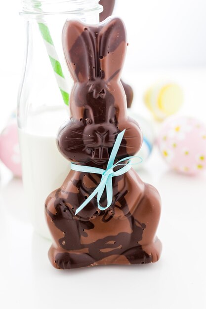 Easter chocolate bunnies made from solid milk and dark chocolate.