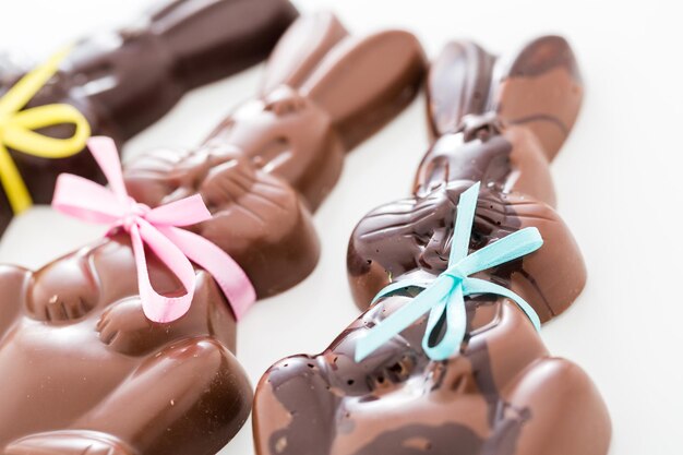 Easter chocolate bunnies made from solid milk and dark chocolate.