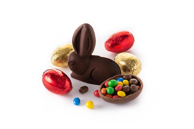 Easter chocolate bunny and colorful eggs isolated on white background