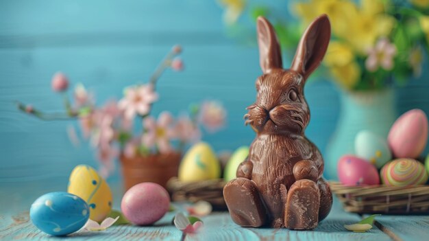 Photo easter chocolate bunny and colorful eggs on wooden table and blue background