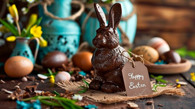 Photo easter chocolate bunny and eggs on the table selective focus