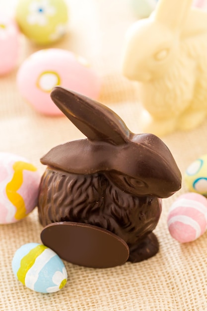 Easter chocolate bunny mafe of dark chocolate.