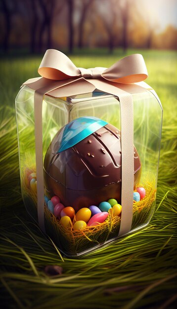 Easter, chocolate egg decorated inside packaging, box, with bow, in the forest, grass