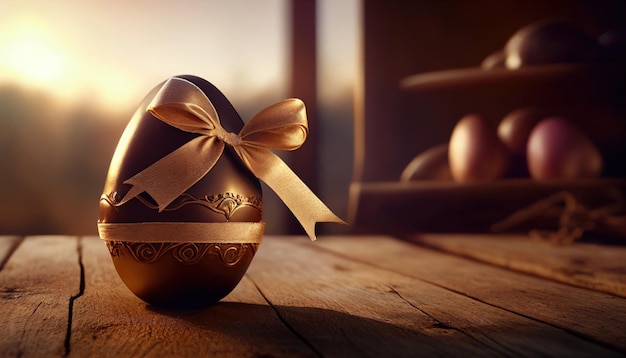 Easter, chocolate egg with bow on the table