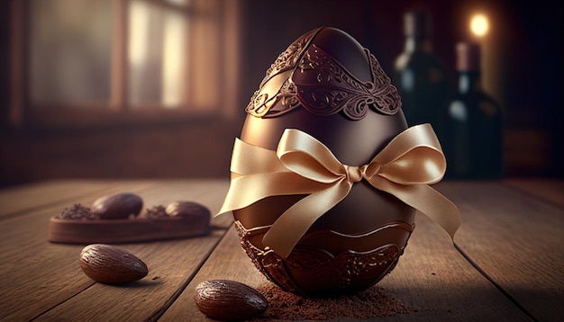 Foto pasqua, uovo di cioccolato con fiocco sul tavolo