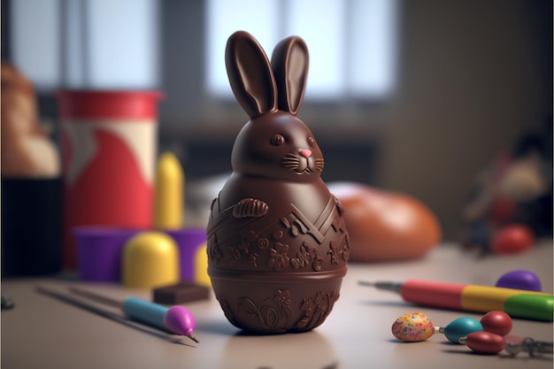 Easter chocolate eggs in the shape of a rabbit on the table. Happy Easter. Generative AI