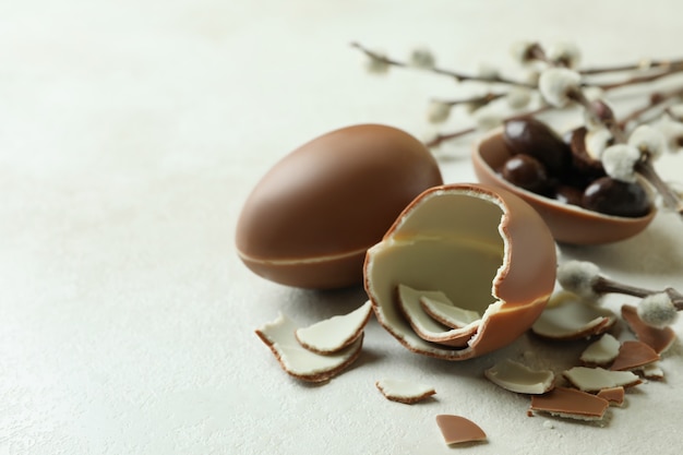 Easter chocolate eggs and willow catkins on white textured