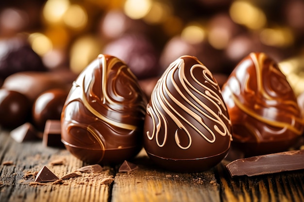 Easter chocolate eggs on wooden table