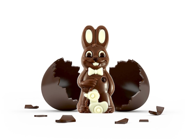 Easter chocolate Rabbit in broken chocolate Egg shell