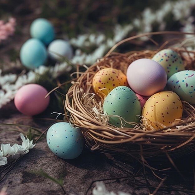 Easter colored eggs in a basket Generative AI