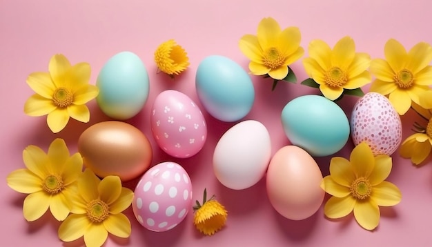 Foto uova colorate di pasqua e fiori buon giorno di pasqua sullo sfondo generato dall'ai